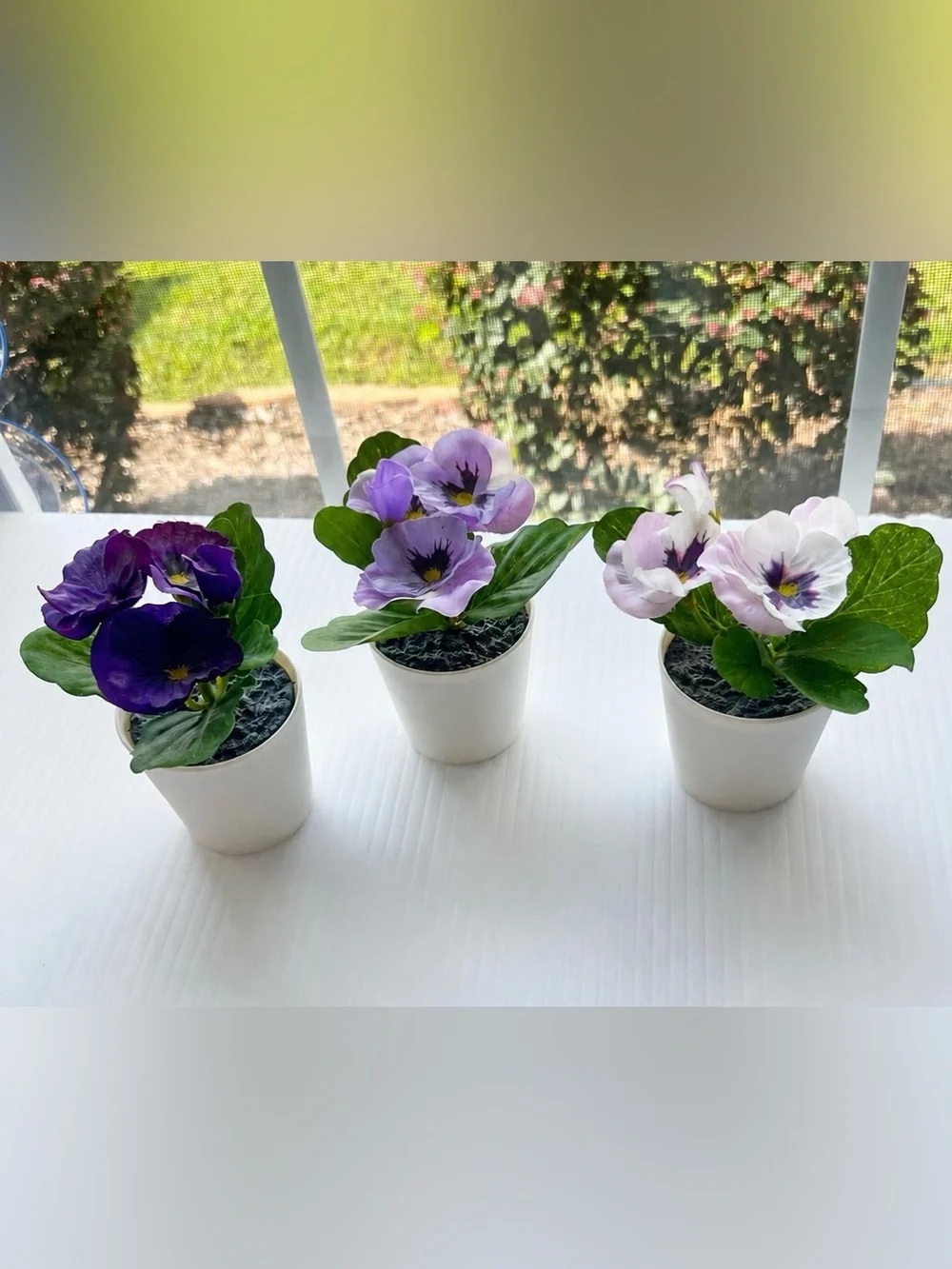 Faux Pansy Flower Plants in Mini Pots Set of 3 Purple Lavender Pink